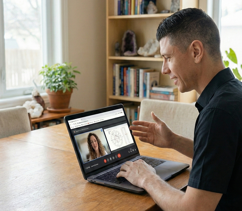 Alejandro Herryman in an astrological coaching session analyzing a digital birth chart
